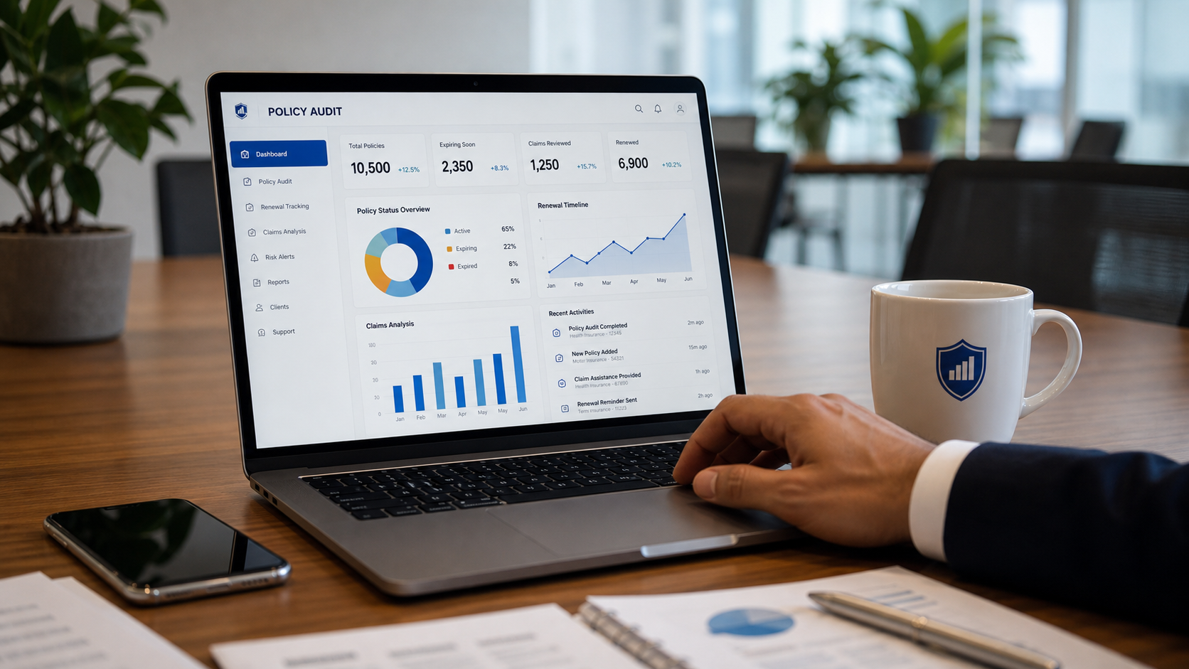 Policy audit dashboard on a laptop in an office